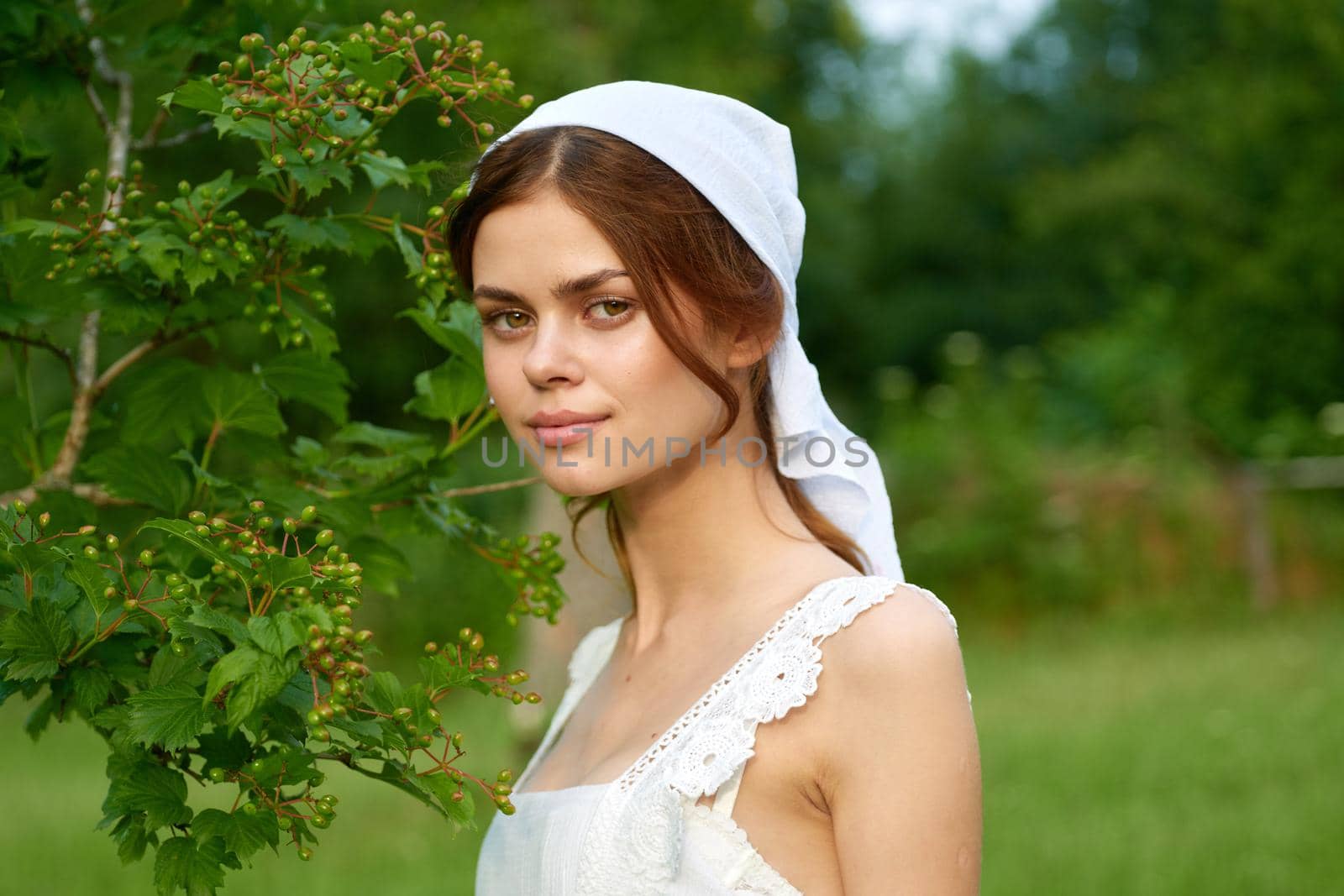 woman outdoors in garden countryside ecology nature. High quality photo