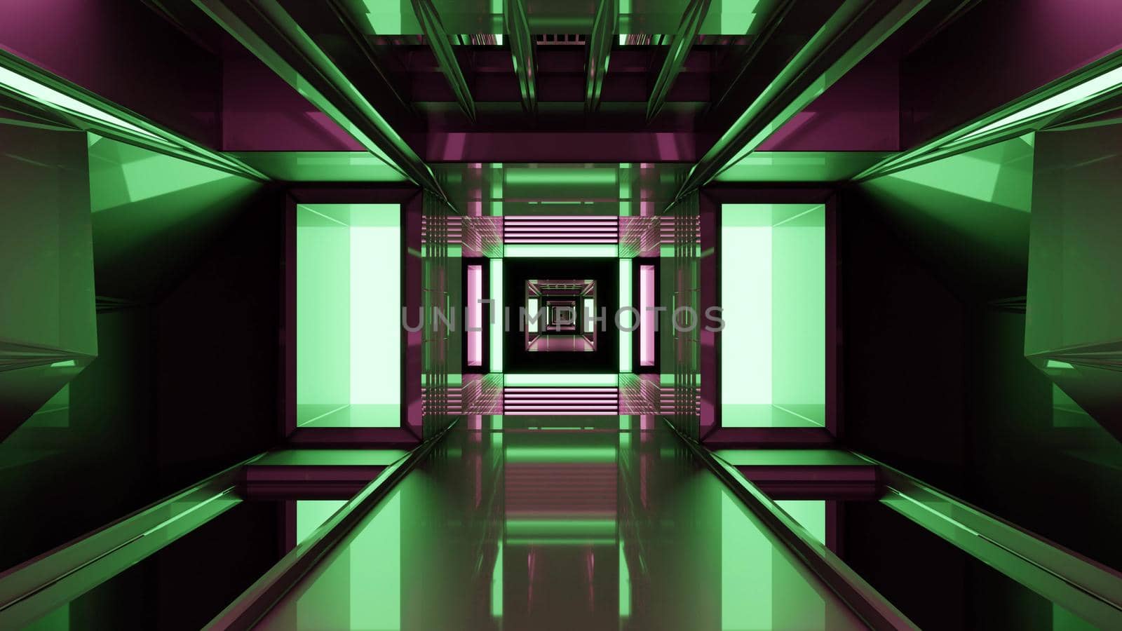 Abstract 3D illustration of 4K UHD modern tunnel with doorway and glass walls with green illumination and creative futuristic design