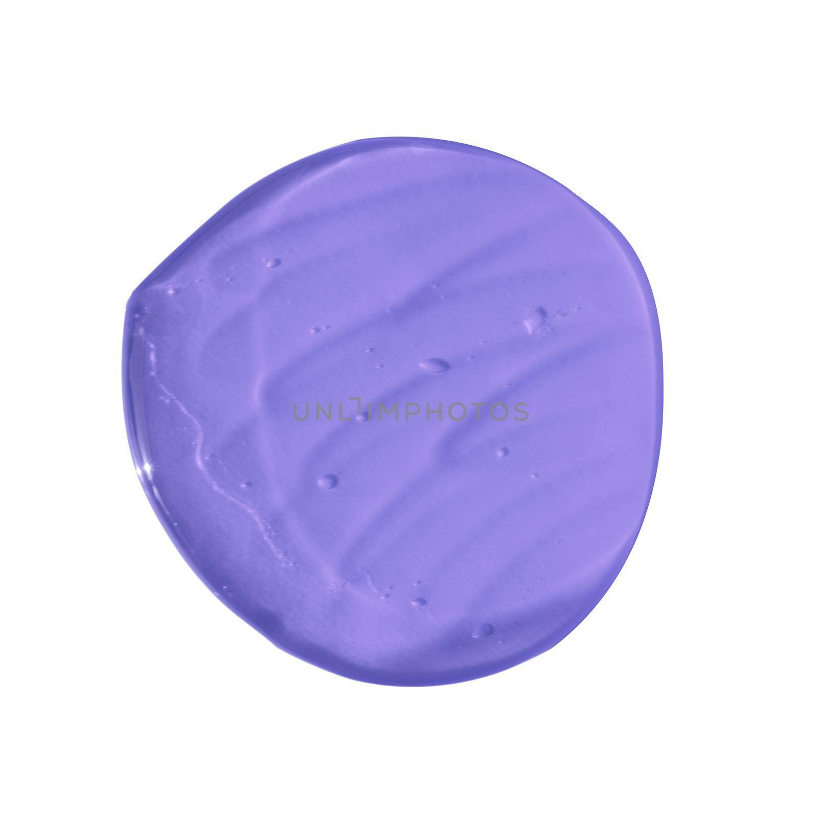 Soft violet blue cosmetics or antiseptic gel, cleaner or serum drop isolated on white background. Color of the year 2022. Colorful slime with air bubbles in the sunlight. Health protection concept