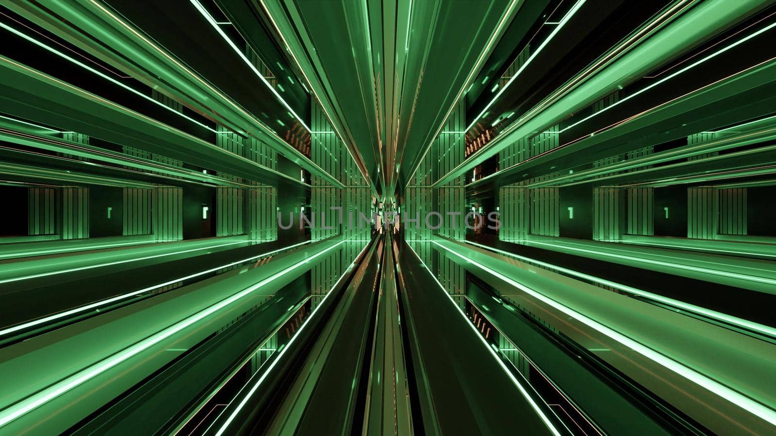 3d illustration with green neon rays and lines moving in endless reflecting 4K UHD tunnel