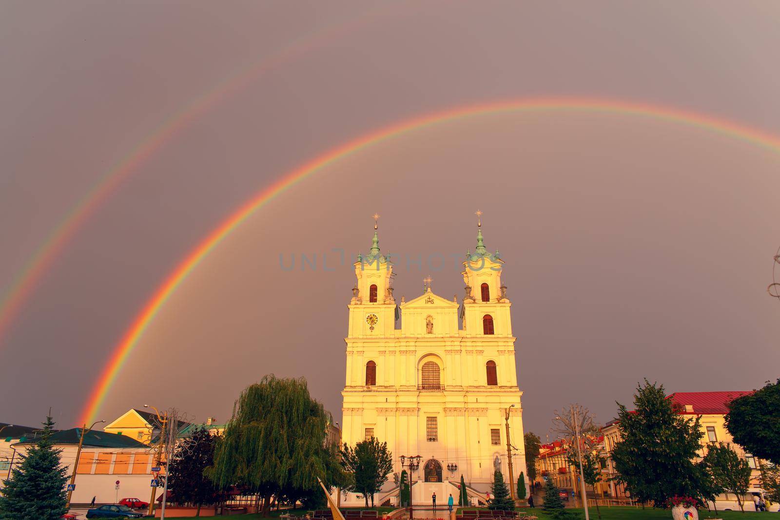 GRODNO, BELARUS - AUG 15: St. Francis Xavier Cathedral after rain in sunset light on 15 August, 2016 in Grodno, Belarus.