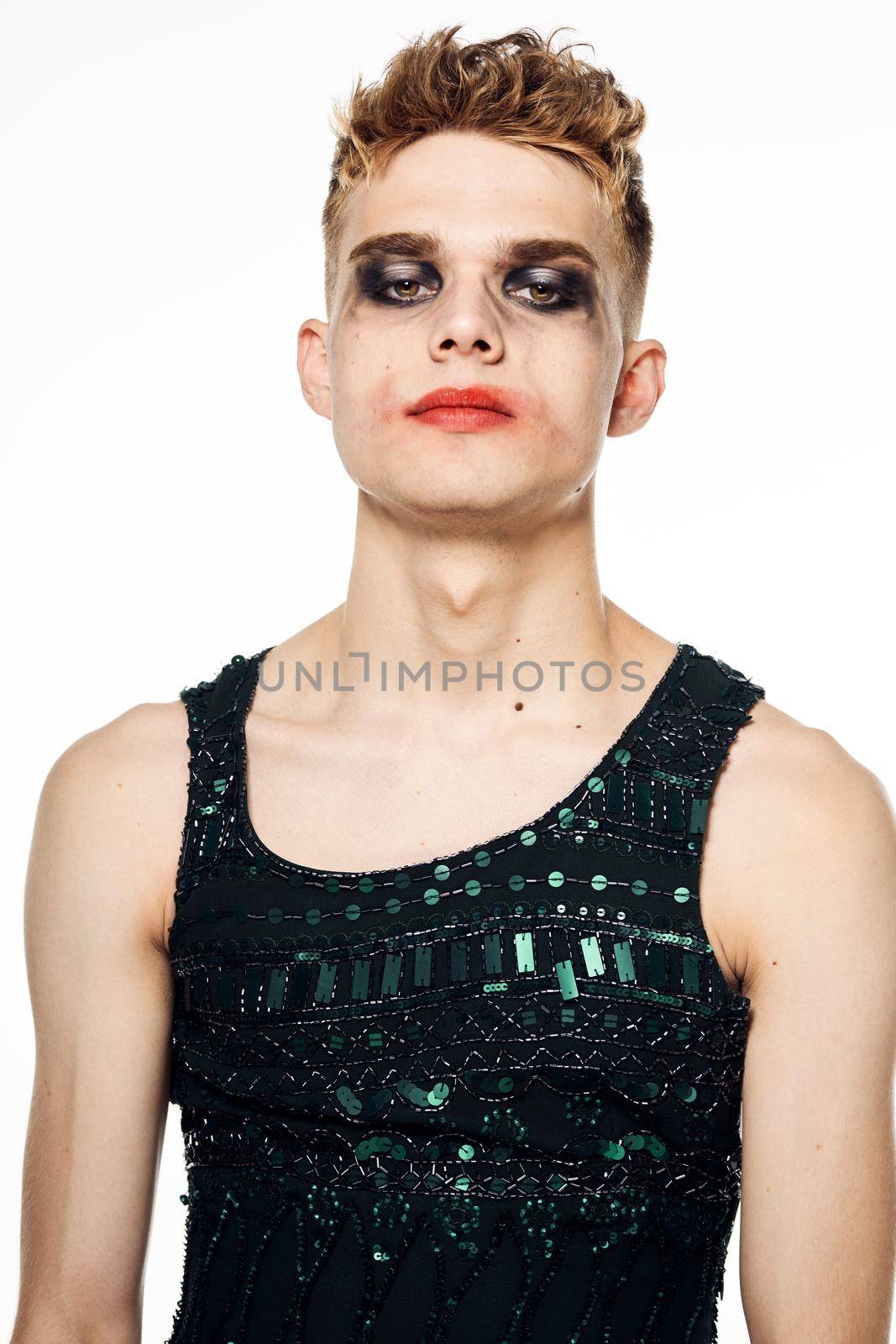 transgender woman in dress cosmetics posing lgbt community. High quality photo