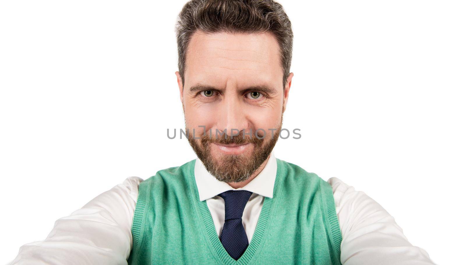 smiling mature guy in formalwear making selfie isolated on white background, selfie by RedFoxStudio