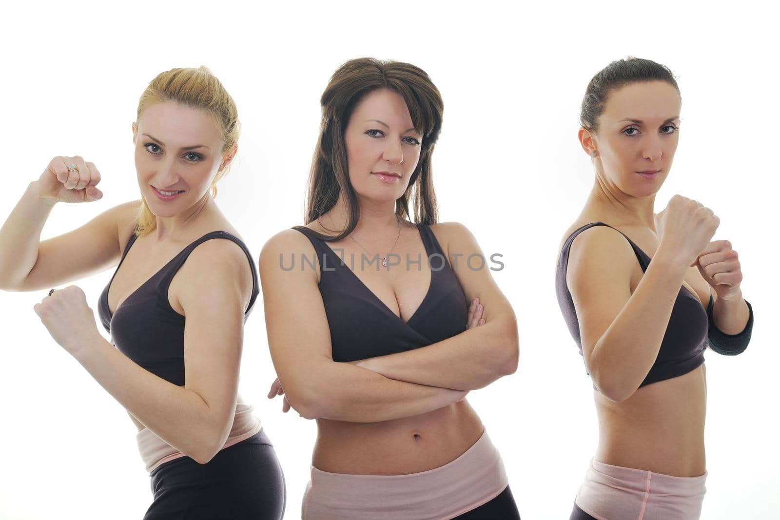 group of young woman isolaed on white exercising fitness