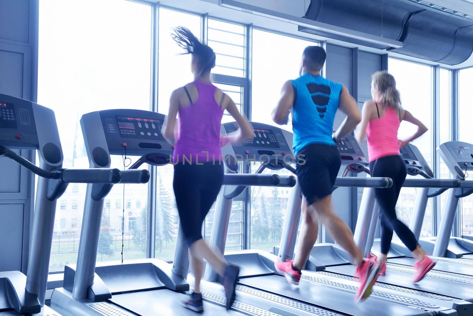 group of young people running on treadmills in modern sport  gym