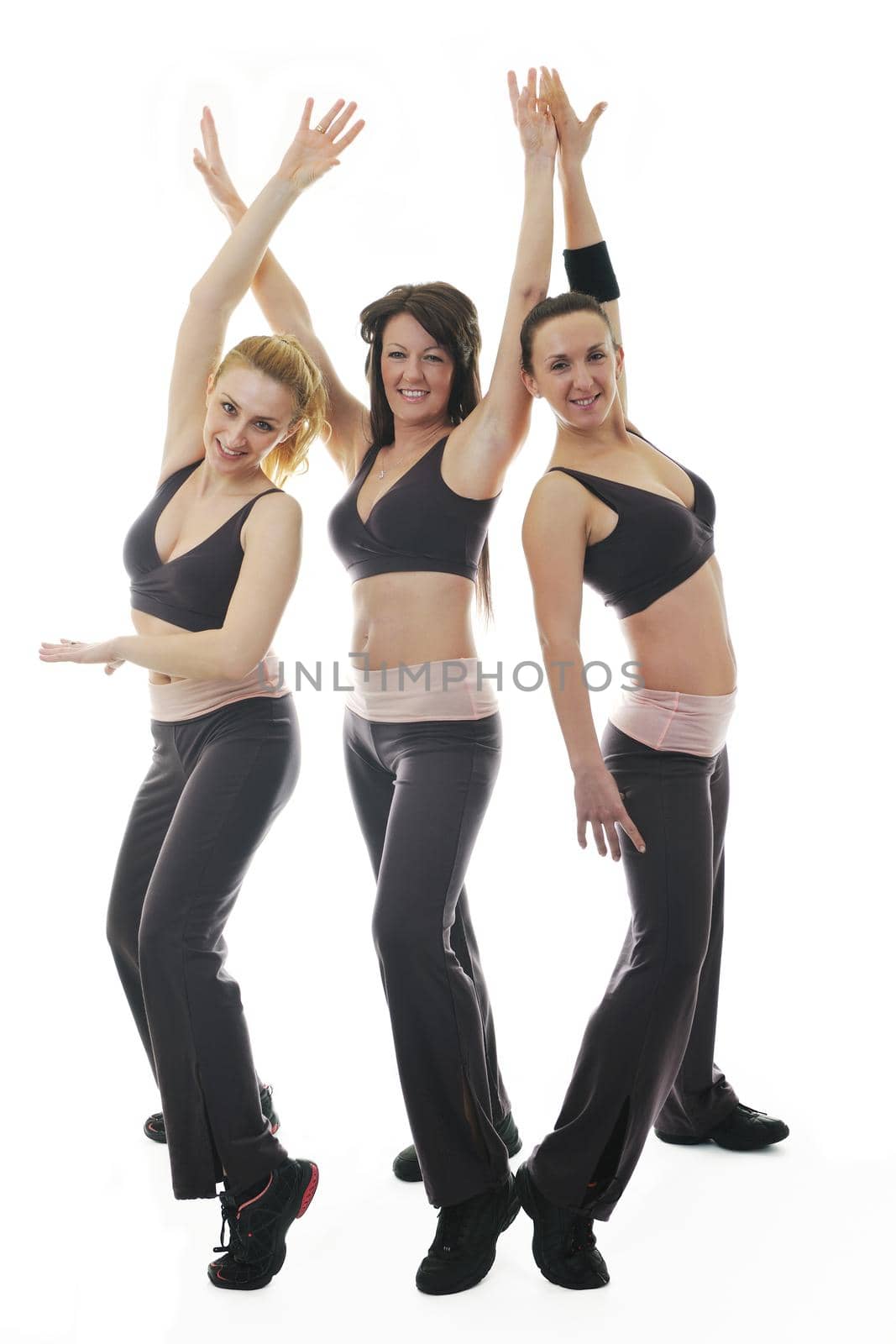 group of young woman isolaed on white exercising fitness