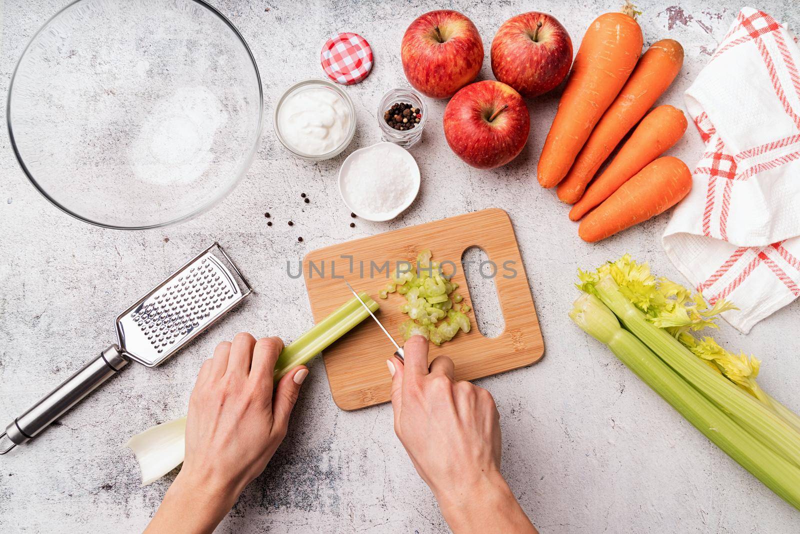 Making diet celery salad, step by step instruction. Step 2 - cutting celery