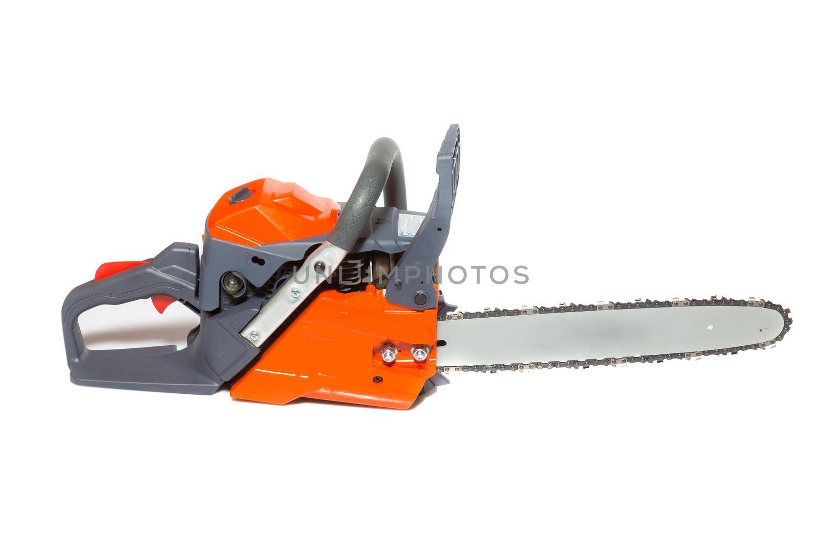 red new chainsaw on a white background