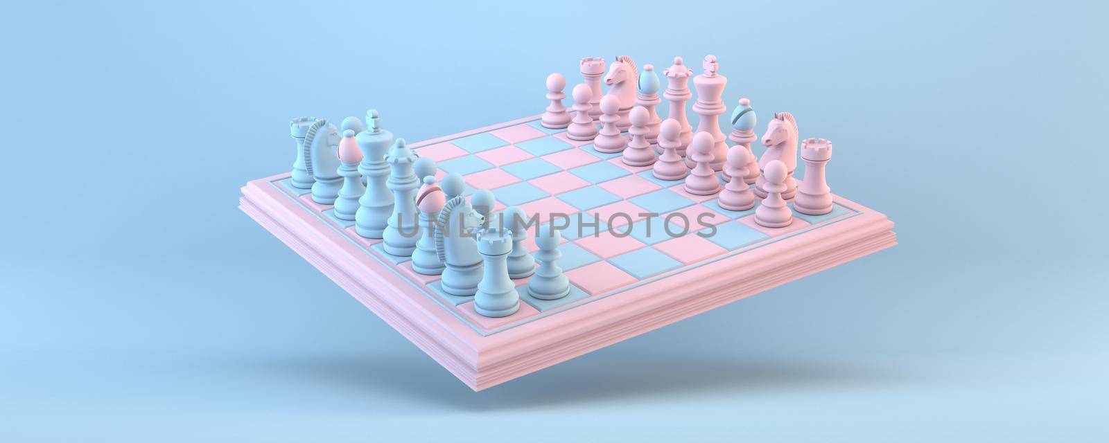 Chess board Starting position 3D rendering illustration isolated on blue background