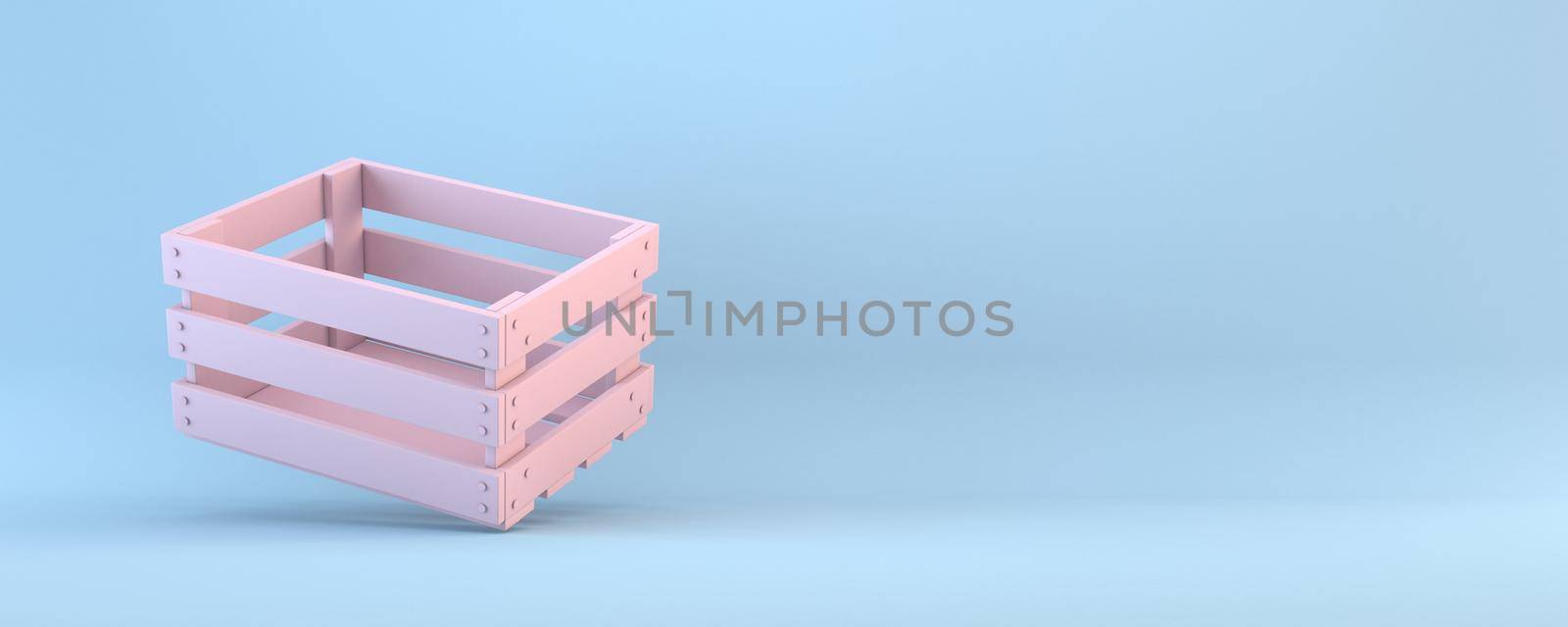 Empty wooden crate 3D rendering illustration isolated on blue background