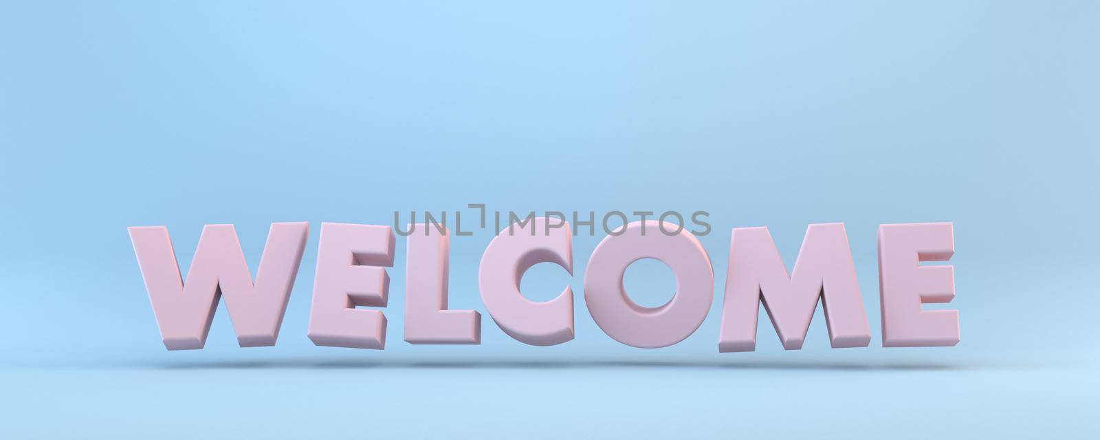 Pink WELCOME sign 3D rendering illustration isolated on blue background