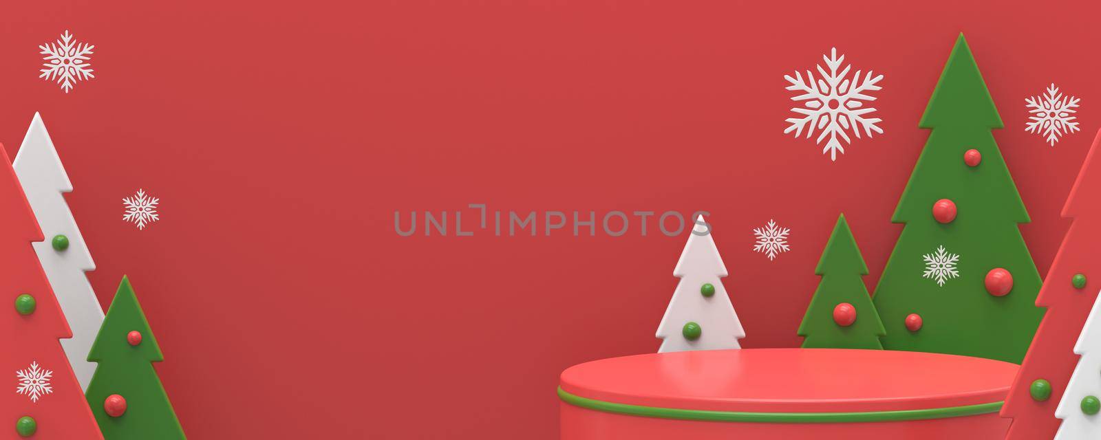 Product podium with Christmas trees and snowflakes 3D rendering illustration isolated on red background