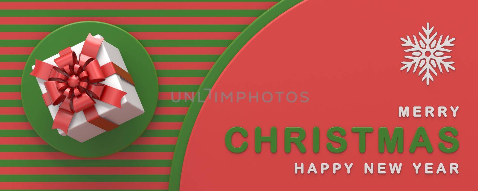 Gift box Merry Christmas and Happy New Year greeting 3D rendering illustration isolated on red background