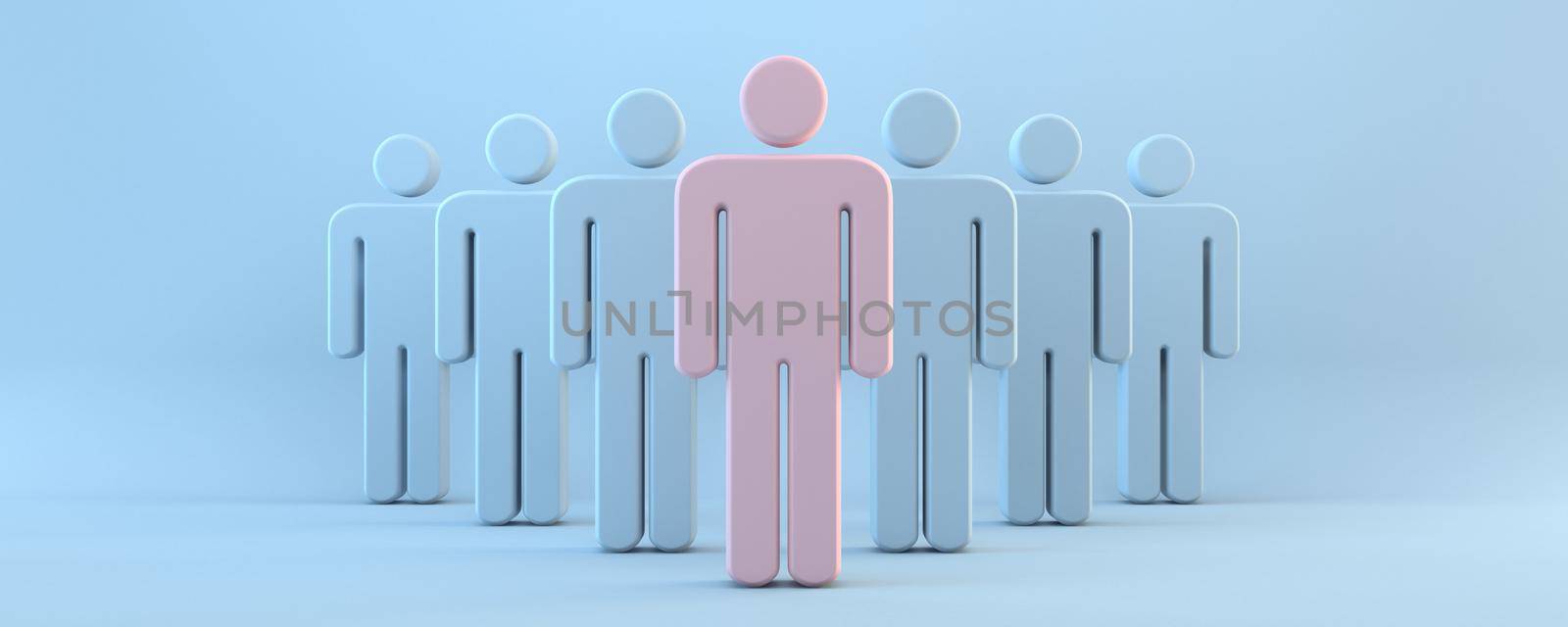 Pink person in front of blue crowd 3D rendering illustration isolated on blue background