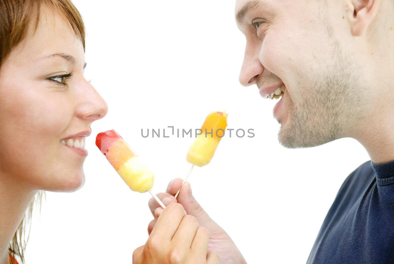 happy couple withe ice cream isolated on white background