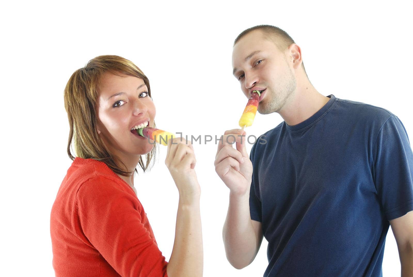 happy couple withe ice cream isolated on white background