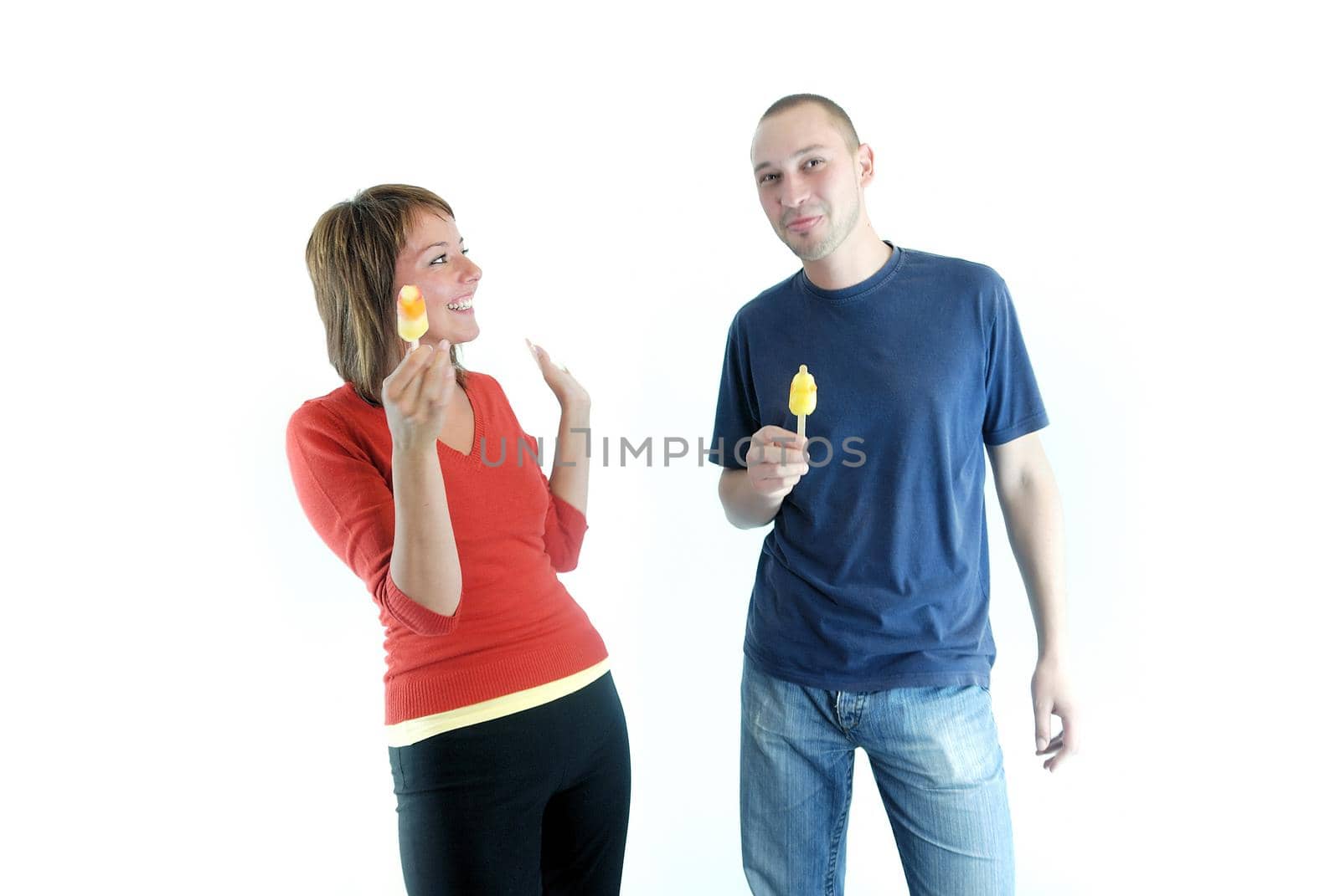 happy couple withe ice cream isolated on white background