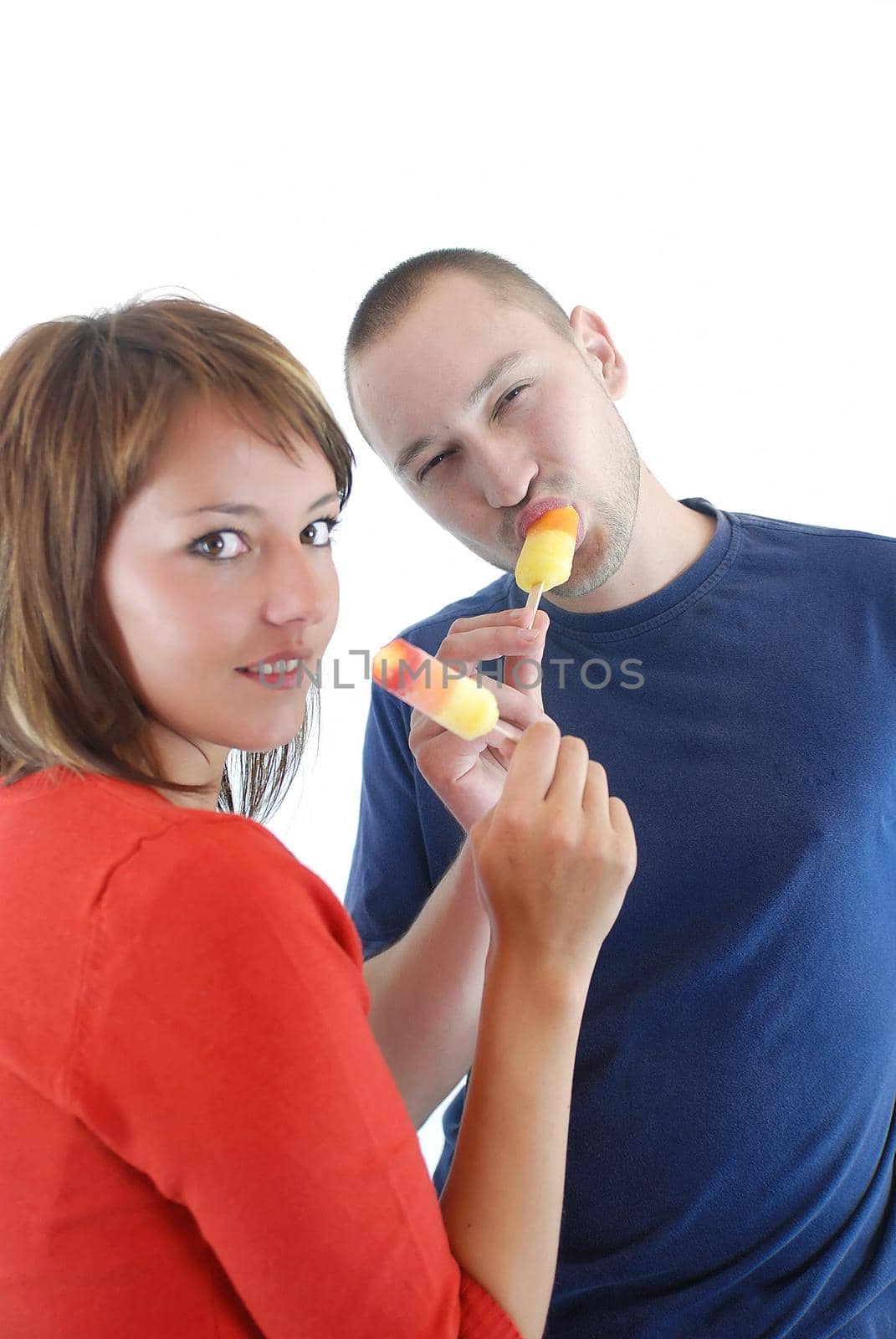 happy couple withe ice cream isolated on white background