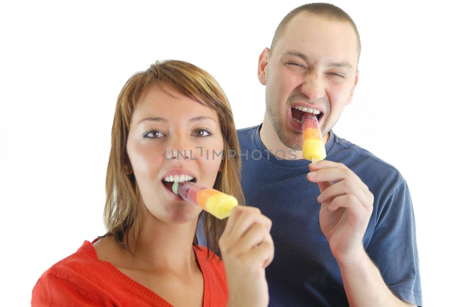 happy couple withe ice cream isolated on white background