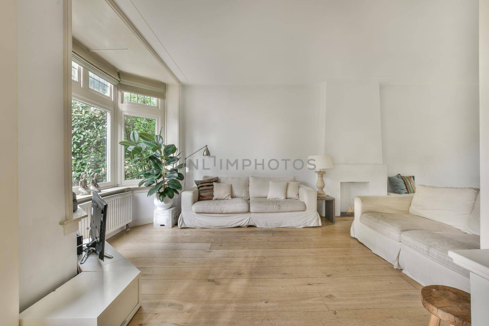 Stylish interior design of living room with modern sofa