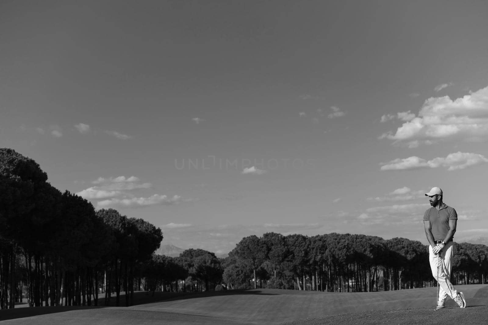 handsome middle eastern golf player portrait at course at sunny day wearing red  shirt