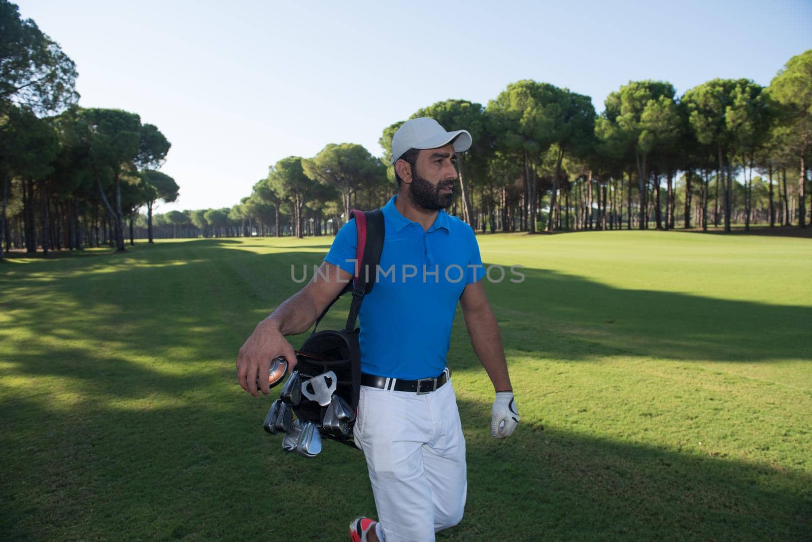 handsome middle eastern golf player carrying and bag  and walking at course on beautiful morning sunrise