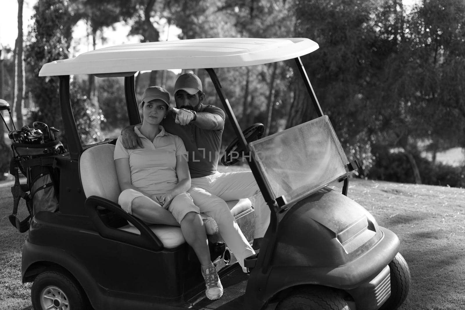 couple in buggy on golf course by dotshock