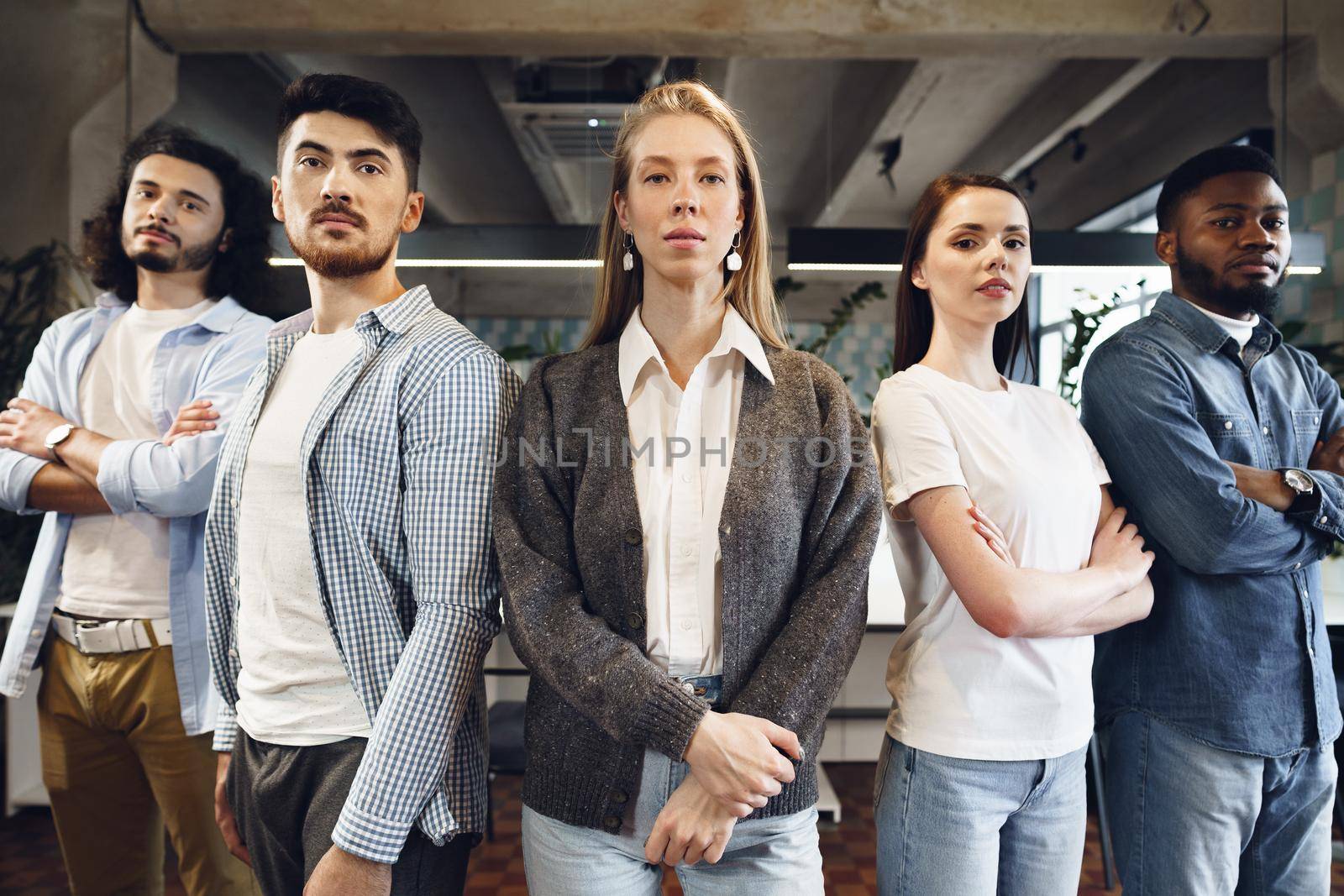 Group portrait of five diverse young colleagues standing in a row in modern office