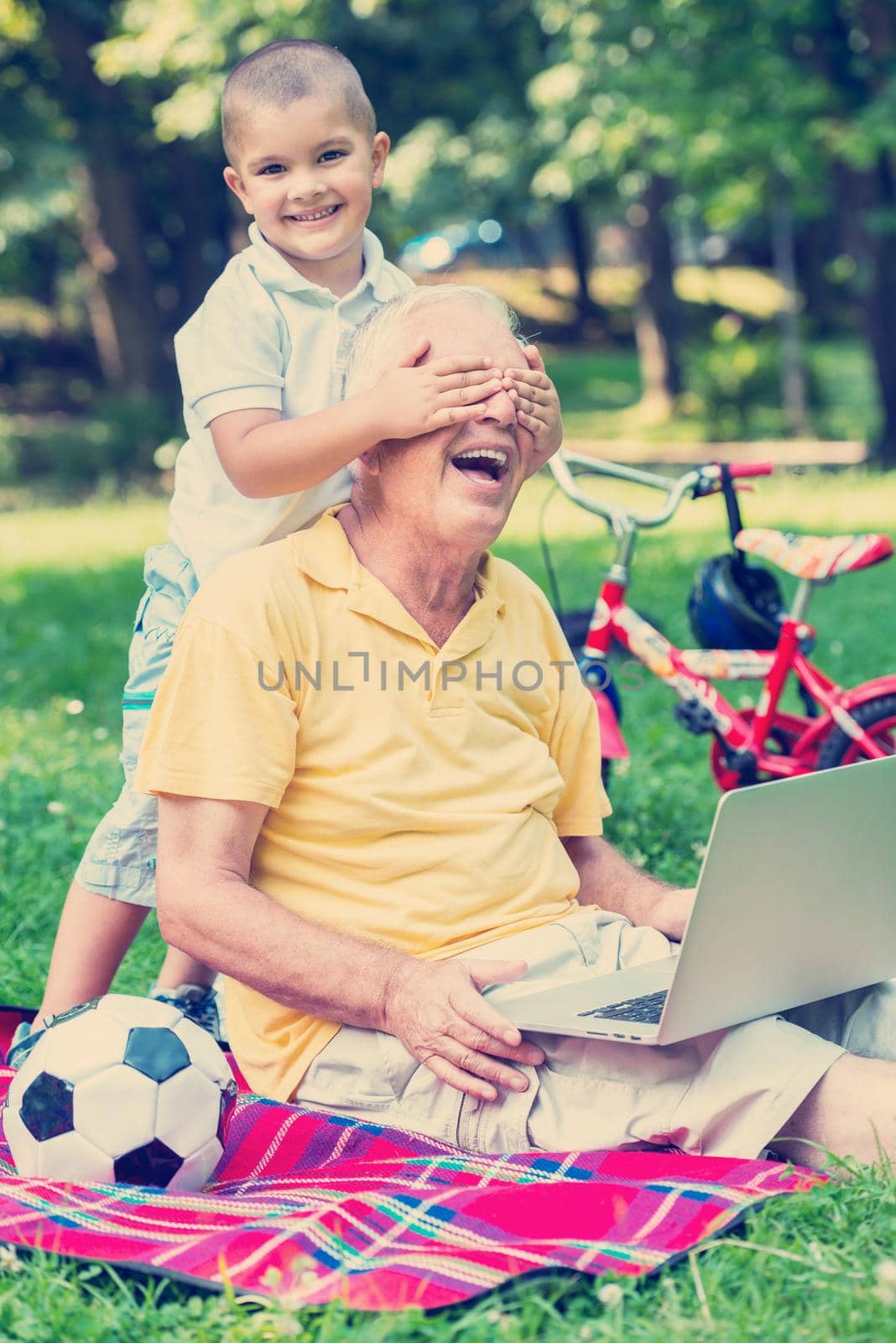 happy elderly senior grandfather and child in park using laptop computer