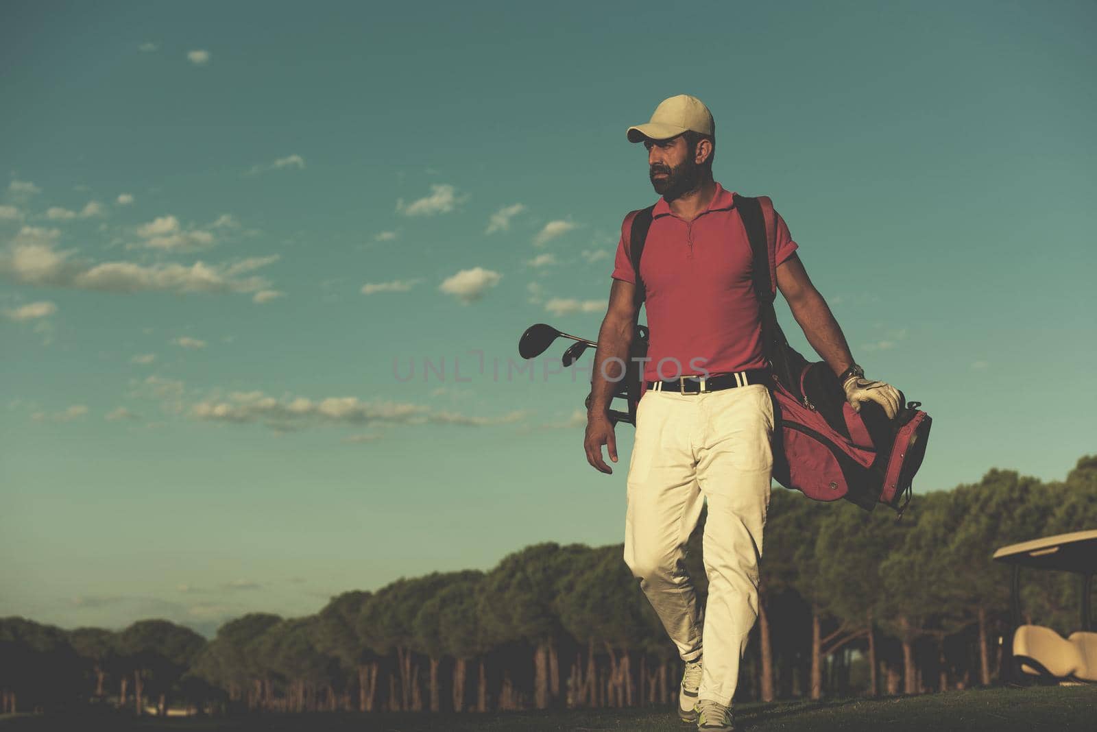 handsome middle eastern golfer  carrying  golf bag  and walking at course to next hole