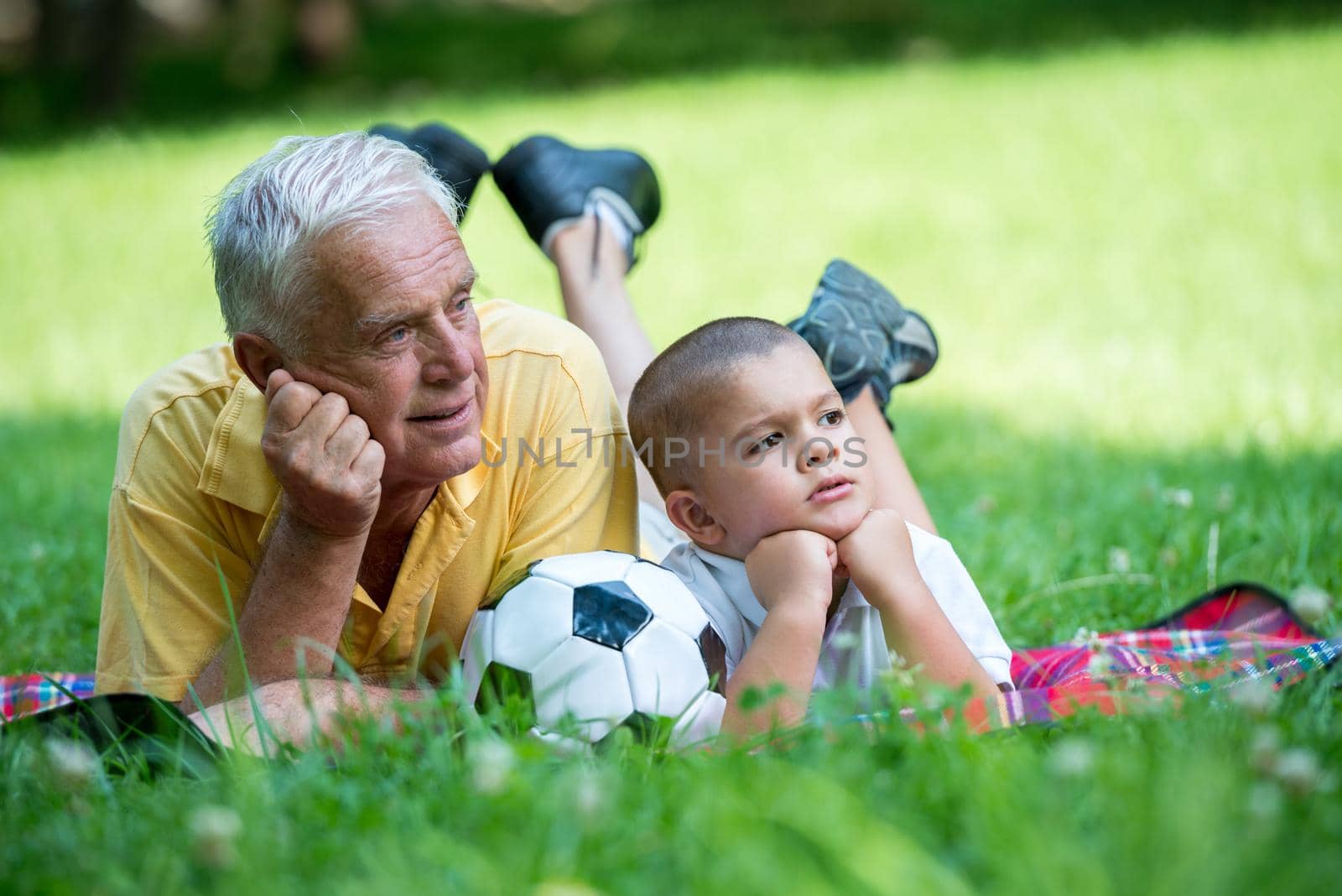 happy grandfather and child have fun and play in park on beautiful  sunny day