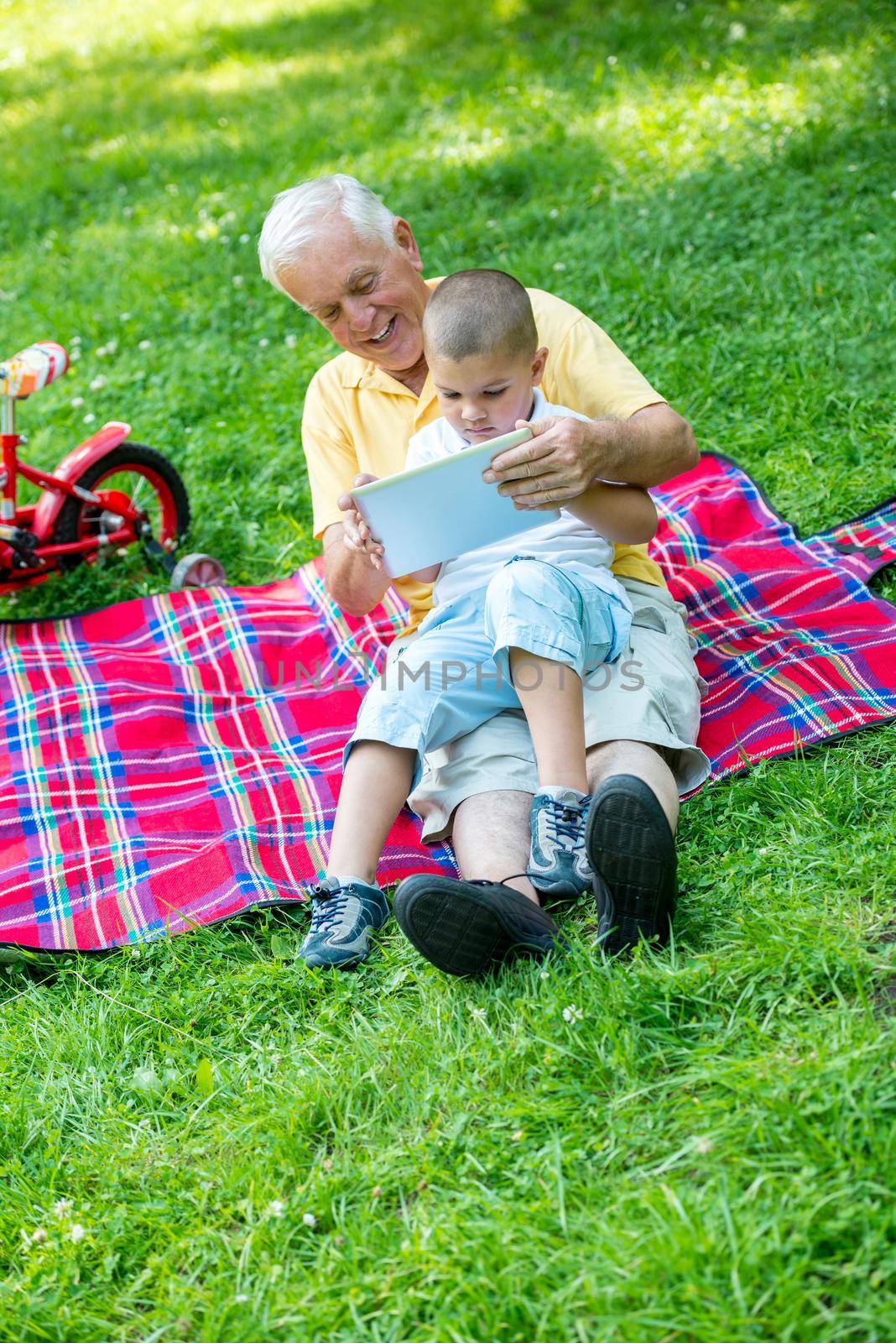 grandfather and child in park using tablet by dotshock