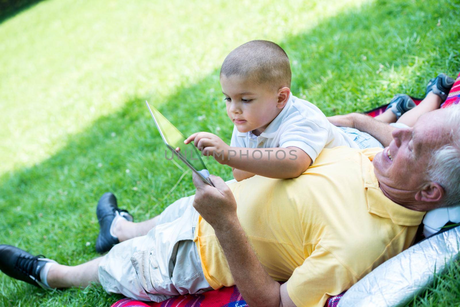 grandfather and child in park using tablet by dotshock