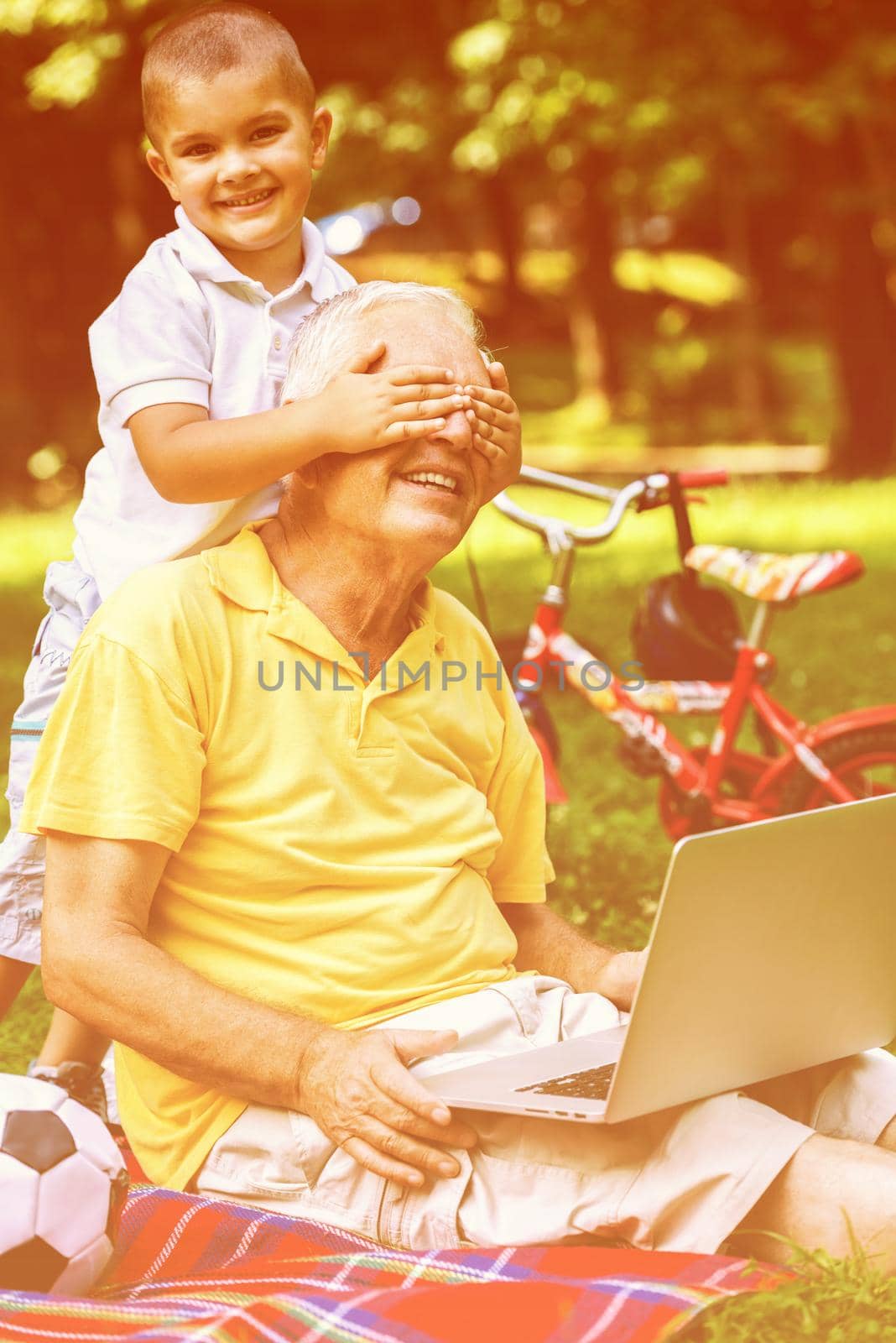 happy elderly senior grandfather and child in park using laptop computer