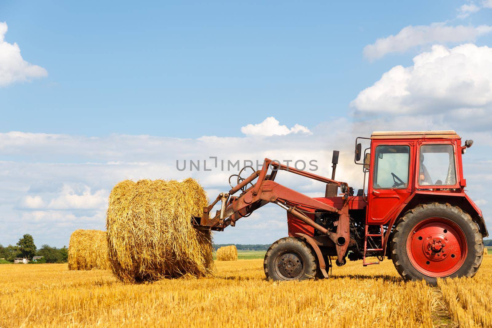 Tractor carrying hay at field in summer day