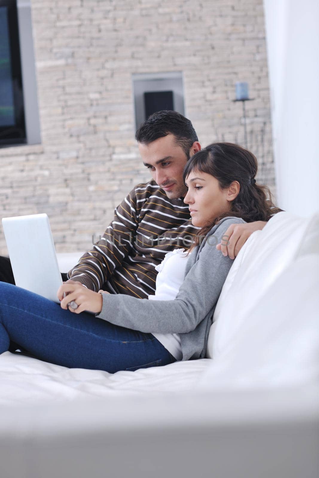 joyful couple relax and work on laptop computer at modern living room indoor home