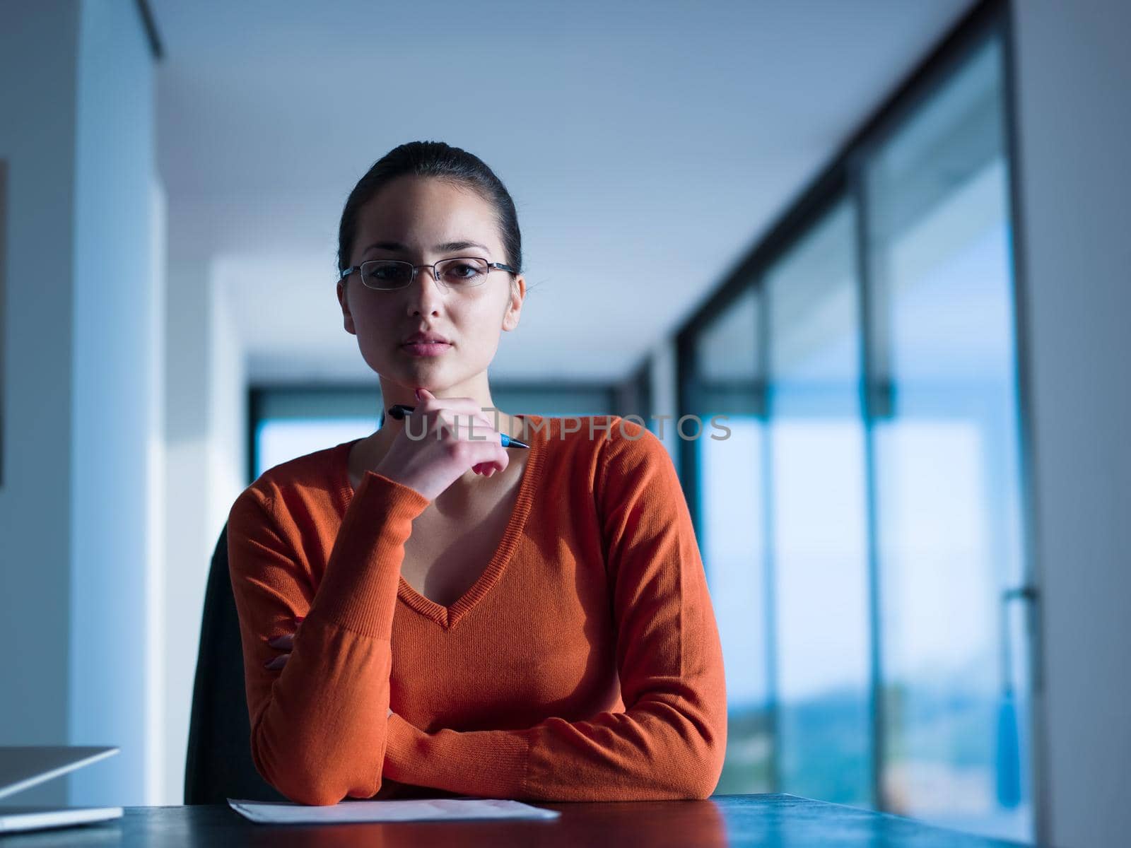 beautiful young woman relax and work on laptop computer modern  home office