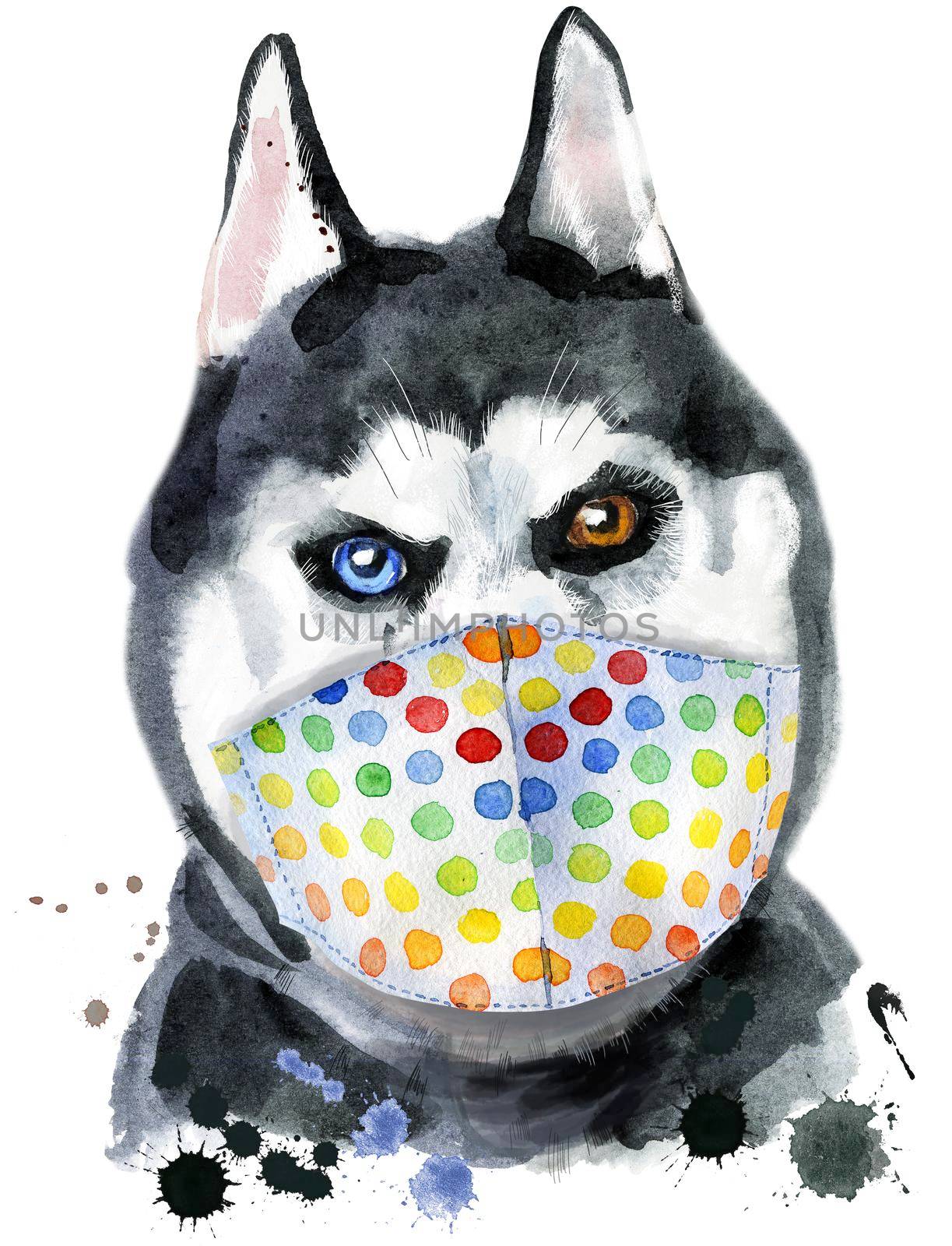 Watercolor portrait of husky in protective medical mask by NataOmsk