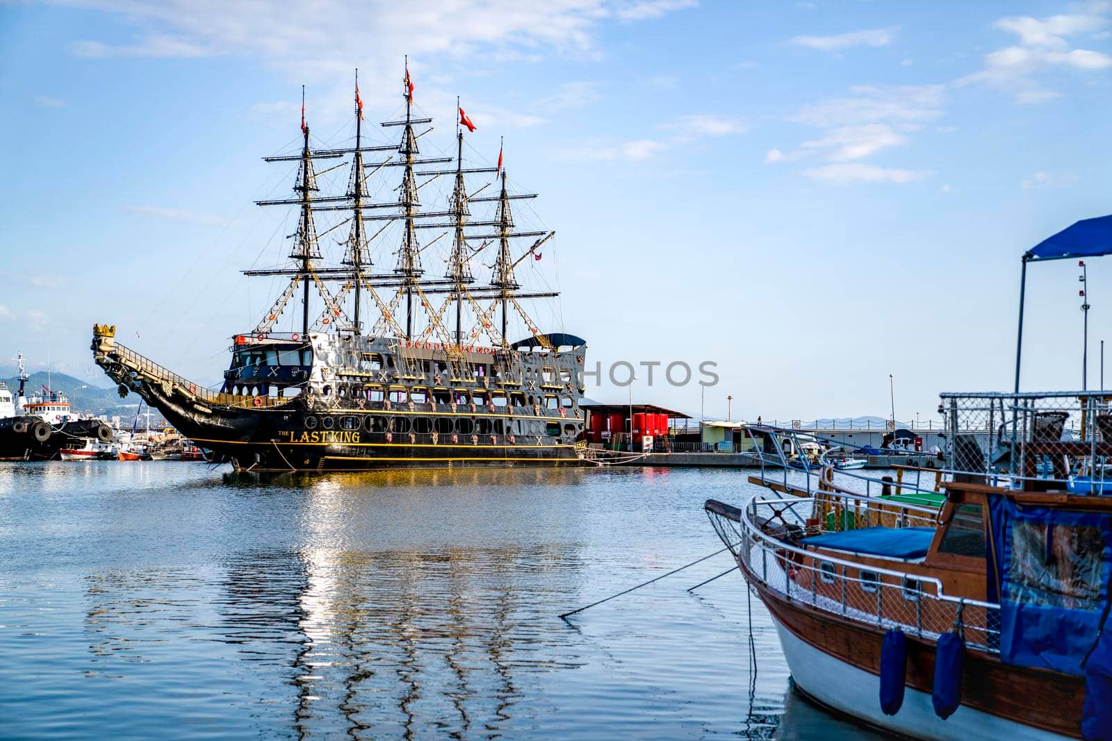 Turkey, Alanya - November 9, 2020: An old pirate ship is moored in the bay of Alanya. Bay of ships.