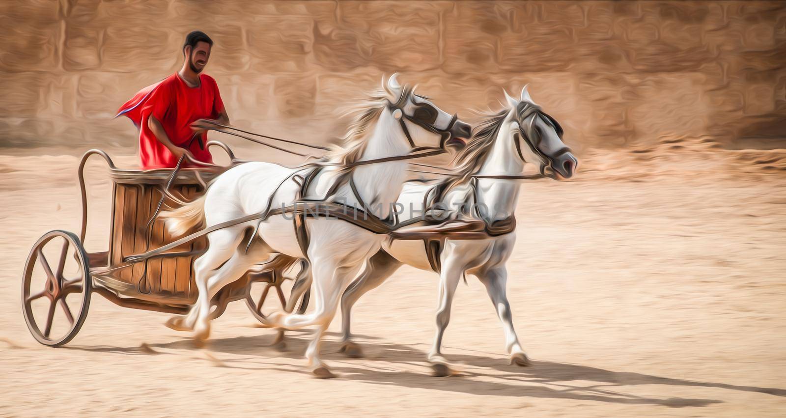 Man in chariot wearing red robe, white horses.