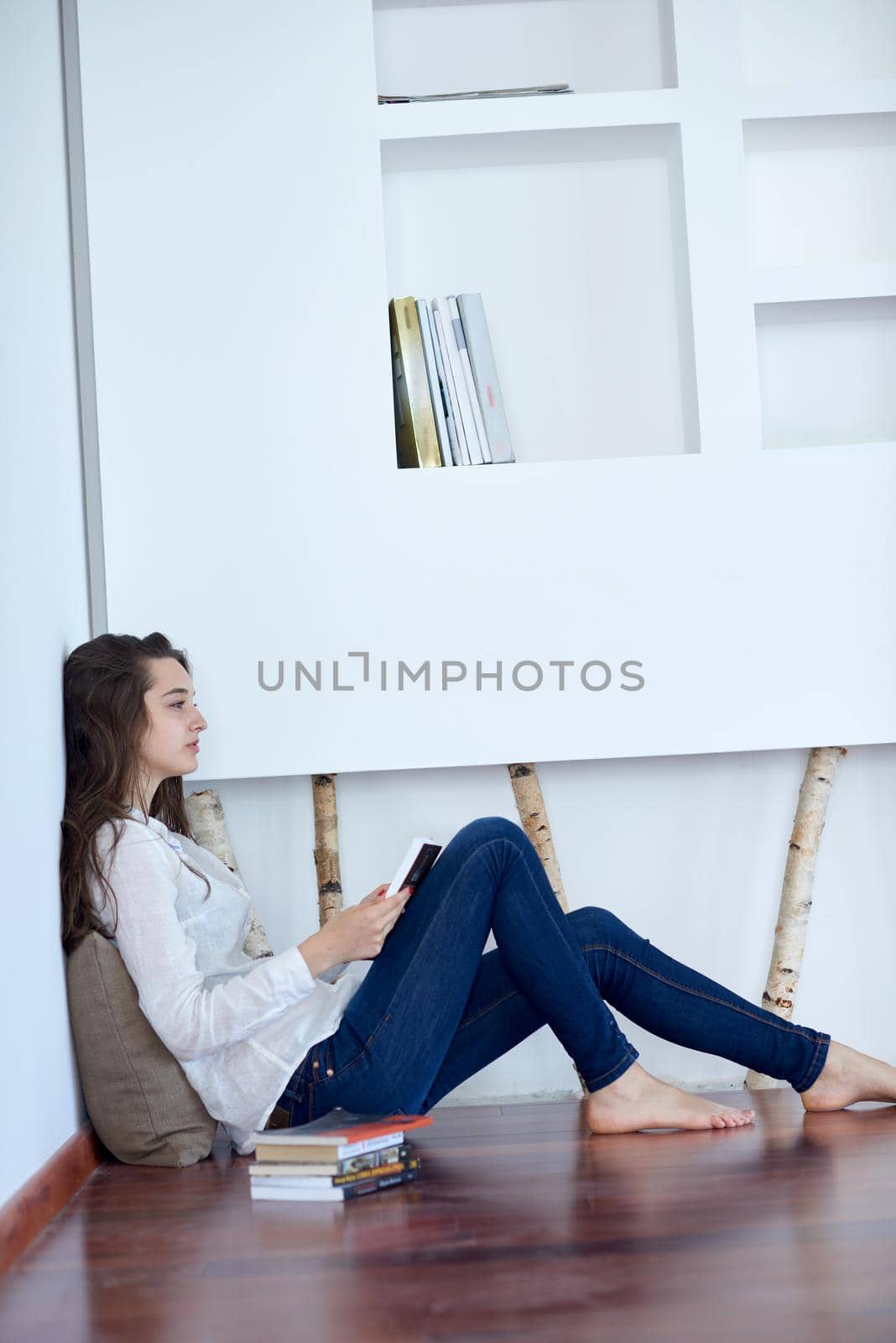 relaxed young woman at home working on laptop computer by dotshock