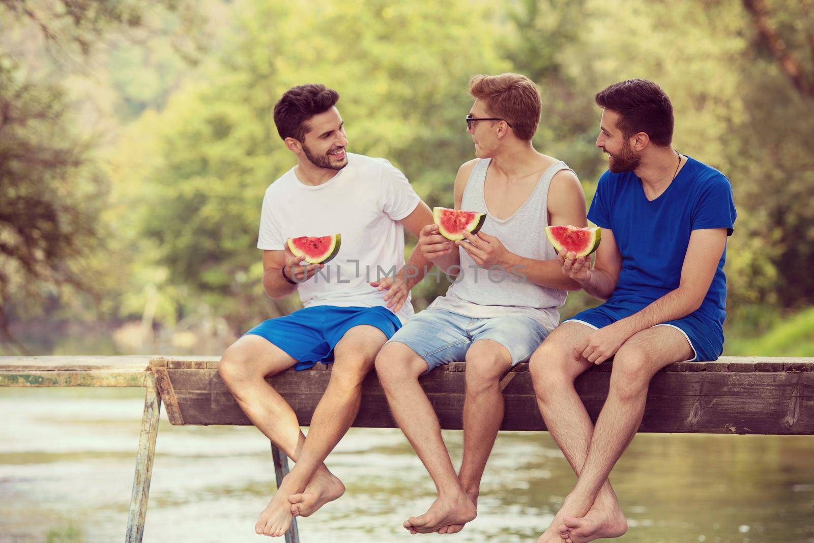 men enjoying watermelon while sitting on the wooden bridge by dotshock