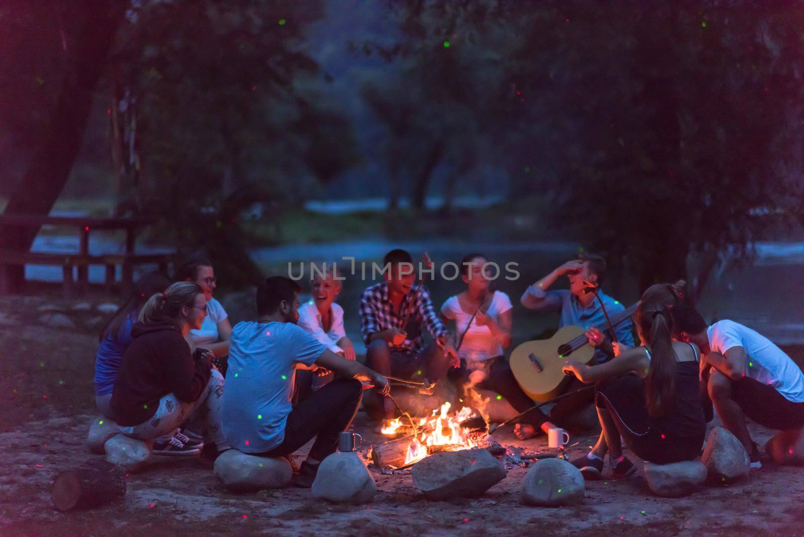 a group of happy young friends relaxing and enjoying  summer evening around campfire on the river bank