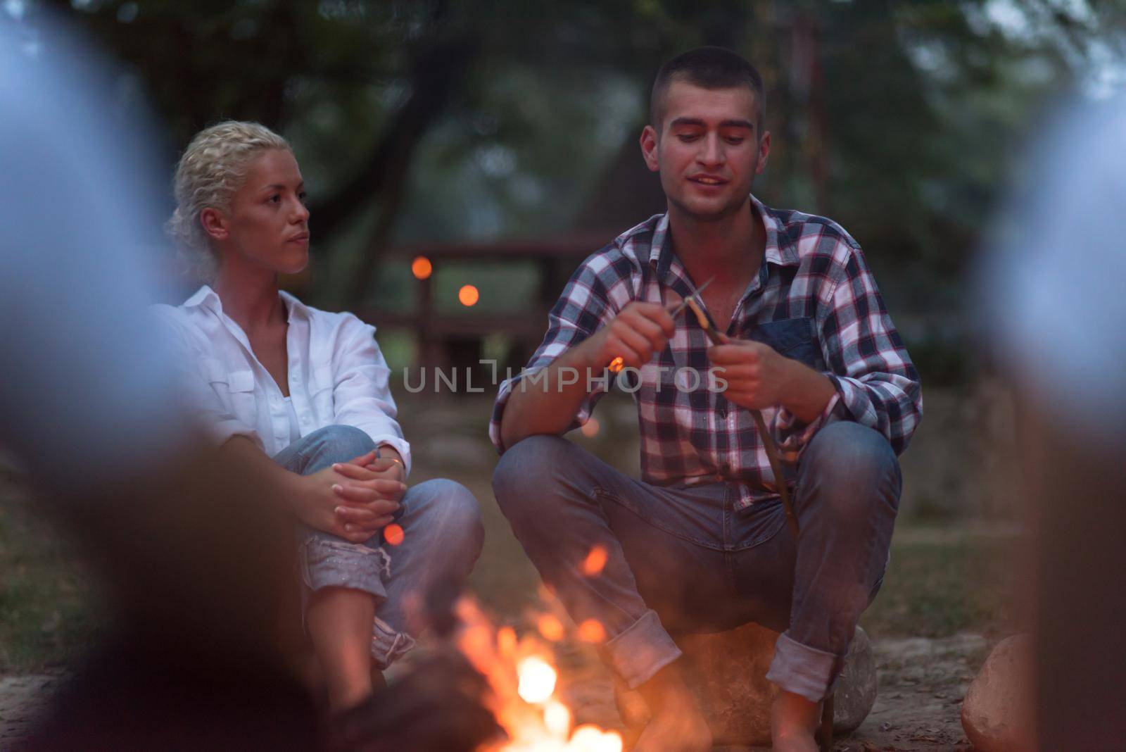 a group of happy young friends relaxing and enjoying  summer evening around campfire on the river bank