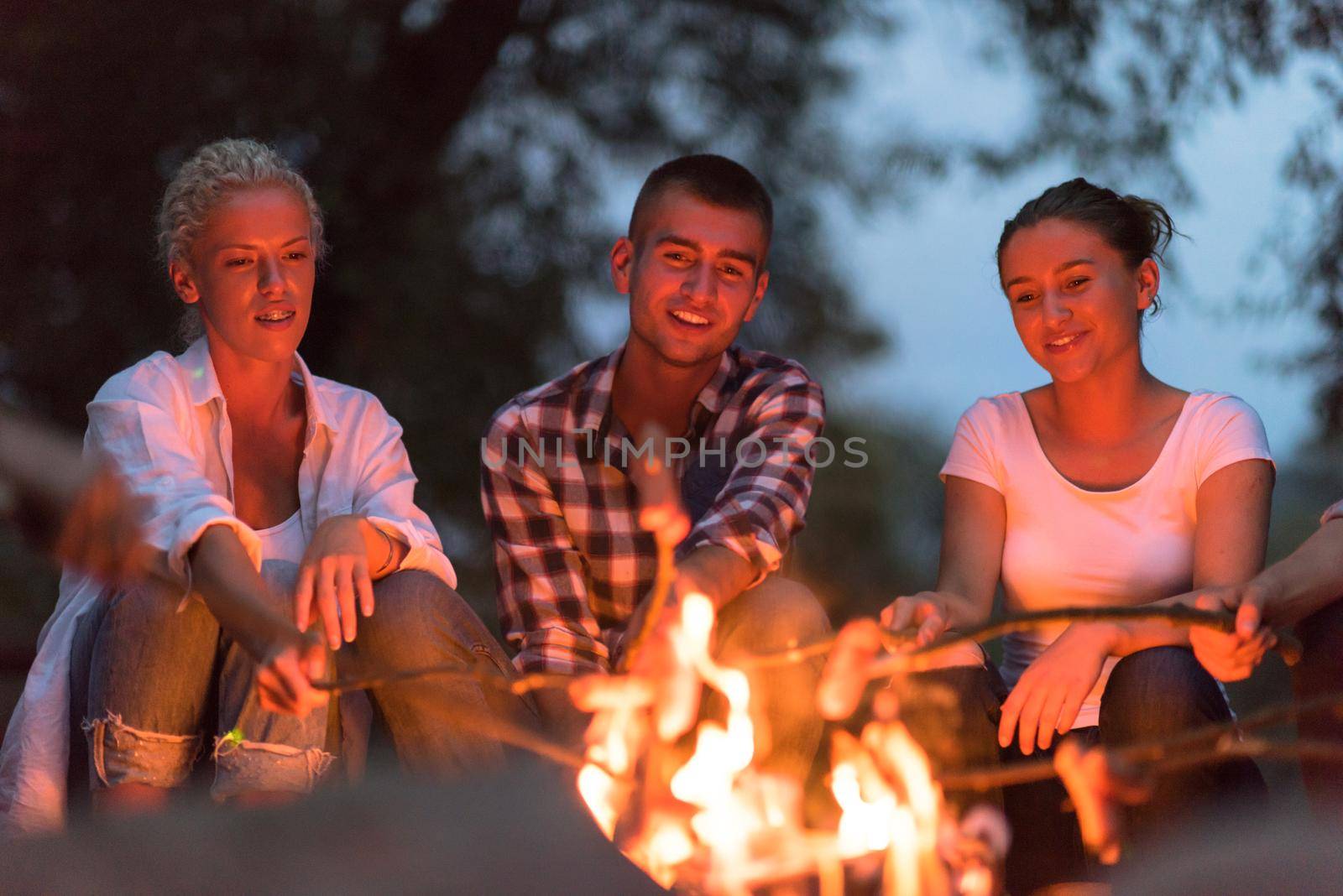 a group of happy young friends relaxing and enjoying  summer evening around campfire on the river bank