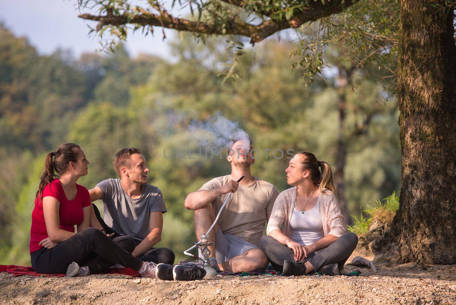 group of young friends enjoying beautiful sunny day while smoking hookah on the river bank