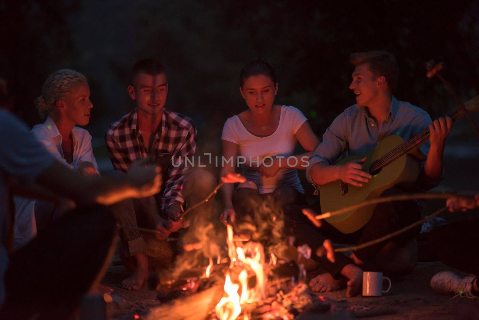 a group of happy young friends relaxing and enjoying  summer evening around campfire on the river bank