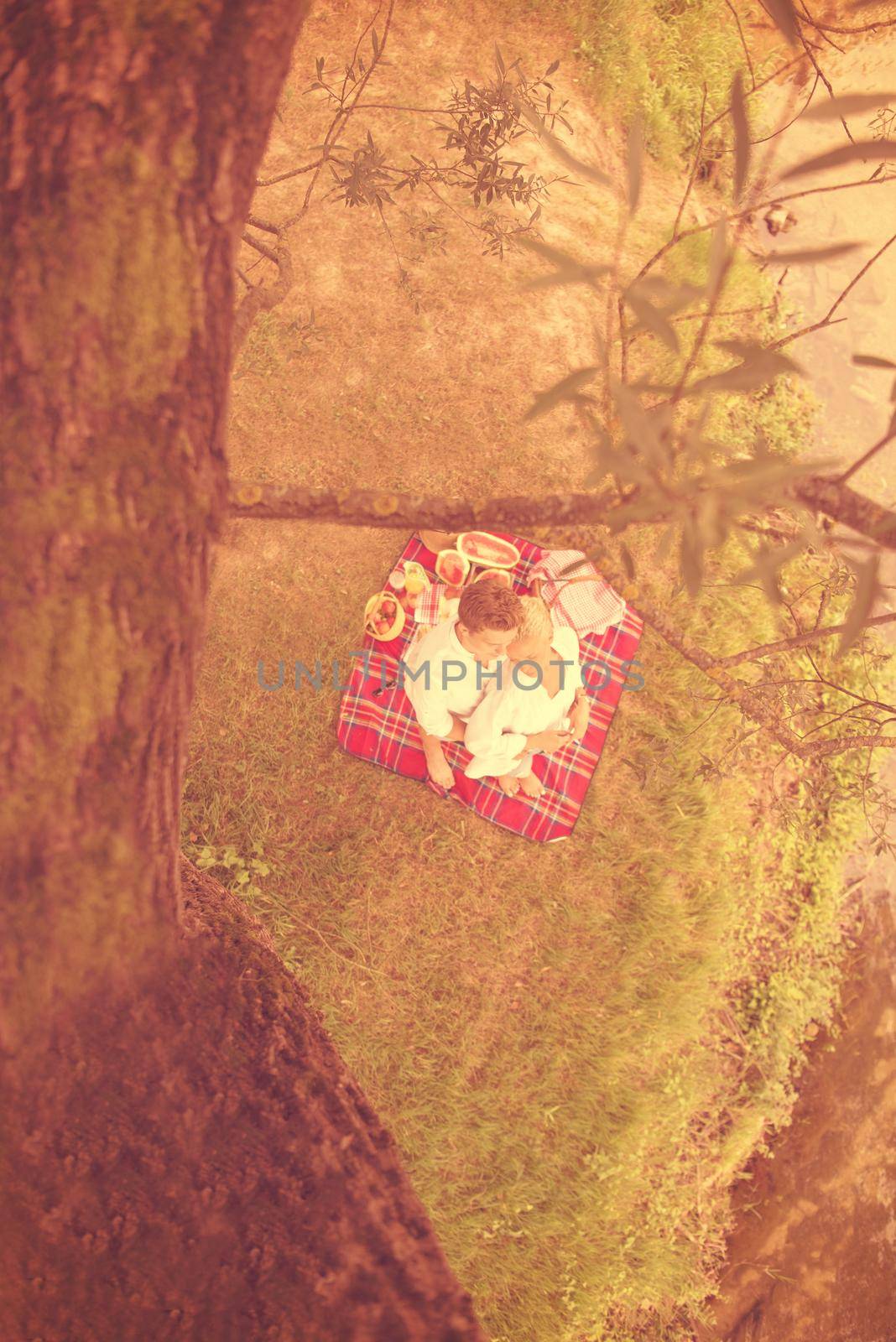 Couple in love enjoying picnic time drink and food in beautiful nature on the river bank top view