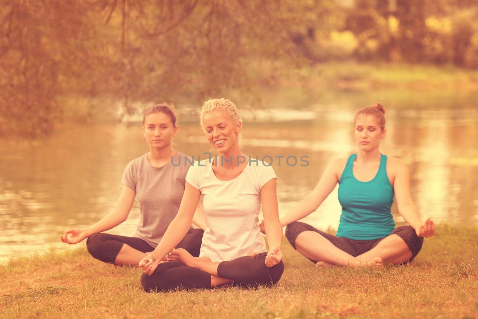 group of young healthy women relaxing while meditating and doing yoga exercise in the beautiful nature on the bank of the river