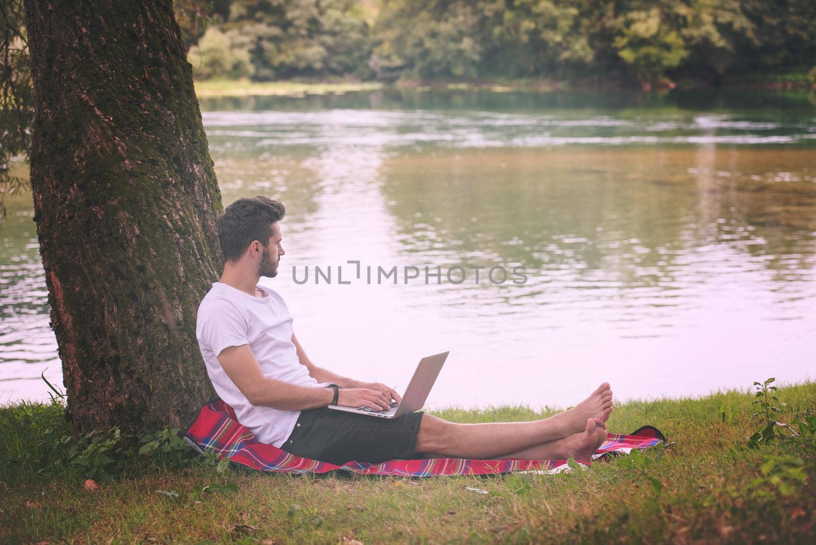 A young freelancer using a laptop computer while working in beautiful nature under the tree on the bank of the river